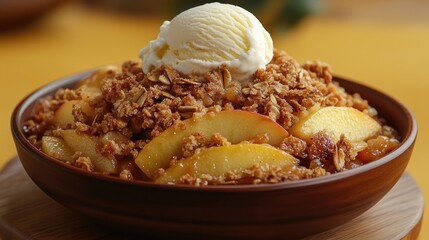 Warm apple crumble dessert with vanilla ice cream topping in a wooden bowl.