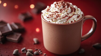 Warm mug of hot chocolate topped with whipped cream and cocoa powder, next to chocolate pieces.