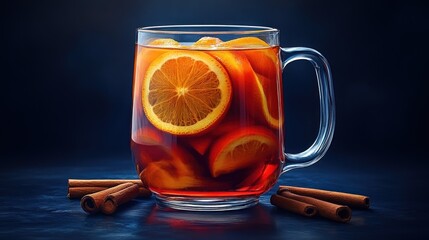 Warm spiced orange tea in glass mug with cinnamon sticks.