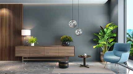 Cozy Living Room with Wooden Sideboard and Armchair - 3D Rendered Interior Design