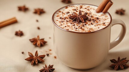 Warm spiced latte in beige mug with cinnamon & anise stars.