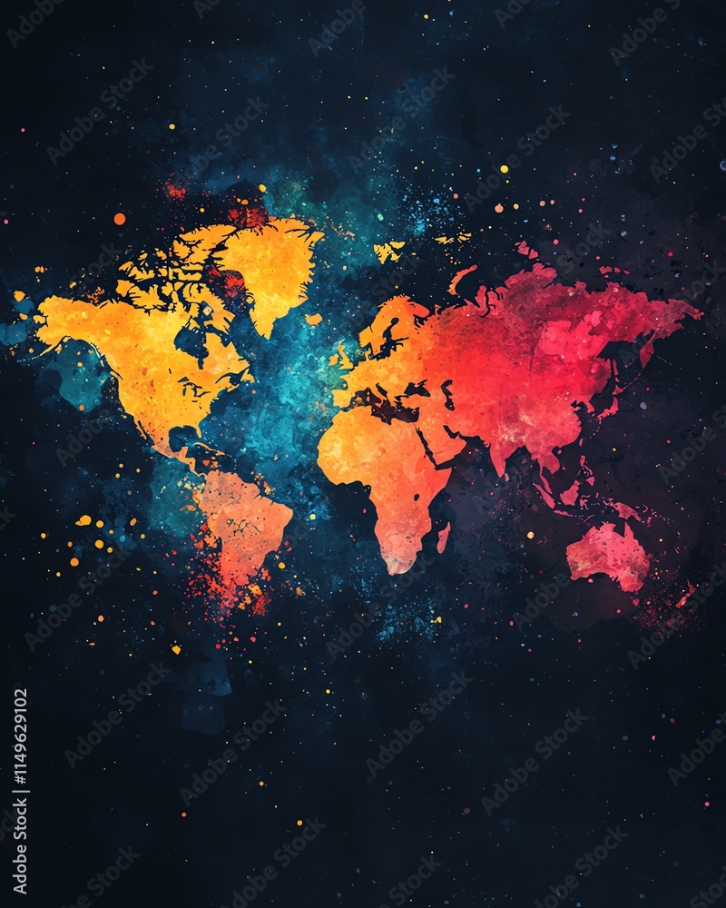 Poster a vivid world map in watercolor, splattered with bold colors and abstract shapes on a deep black bac
