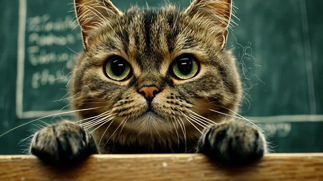 Cute Cat with Big Eyes Peeking Over a Desk in a Classroom Setting