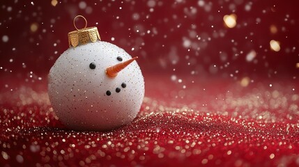 White snowman Christmas bauble on red glitter, snowing.