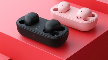 Wireless earbuds in black and pink charging cases on red background.