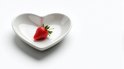 White  heart shaped plate  isolated on white background with one strawberry berry, beautiful tableware for design, Valentine's Day gift - Generative AI