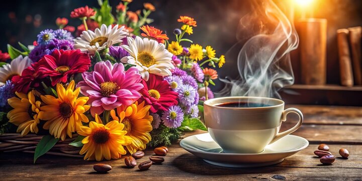 Floral Coffee Still Life, Artistic Cup of Joe,  Beautiful Blooms
