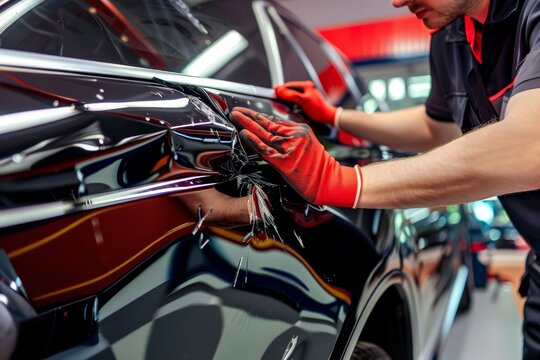 Expertly removing dents from car body  precision repair techniques after accidental damage