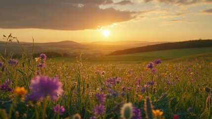 Obraz premium Vibrant Wildflowers Under a Golden Sunset in a Serene Landscape