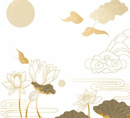 Golden Lotus Flowers and Clouds