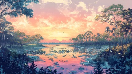 Serene Sunset Over Lush Tropical Wetland Landscape