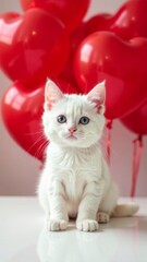  one kitten sitting on white table with many red heart-shaped balloons in the background concept of love, Valentine's Day, pet care