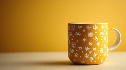Yellow mug with snowflake design on a yellow background.