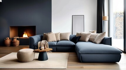Fototapeta premium Modern Minimalist Living Room with Blue Corner Sofa and Beige Pillows Near Fireplace