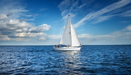 Fototapeta premium Generated image A sailboat with white sails glides through calm blue waters under a bright, cloudy sky