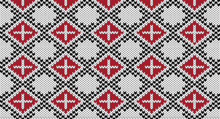 Red and black geometric knitted pattern, Festive Sweater Design. Seamless Knitted Pattern, Valentine's concept.