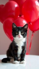  one kitten sitting on white table with many red heart-shaped balloons in the background concept of love, Valentine's Day, pet care