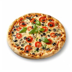 Tasty pizza with melted mozzarella, pepperoni, tomatoes, mushrooms, and black olives, garnished with basil leaves, isolated on white