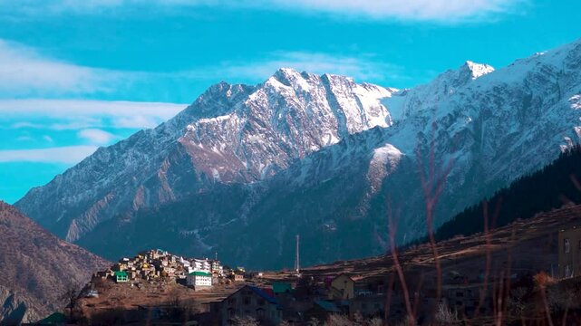 Triloknath village under the snowy Himalayan mountain peak at Lahaul and Spiti district in Himachal Pradesh, India. Beautiful village under the snowy Himalayan mountain peaks during the winter season.