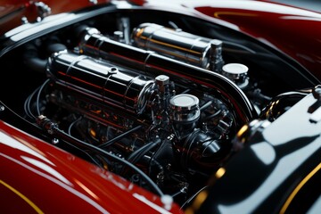 Detailed close up of engine bay featuring black pipes and wires with highlighted components