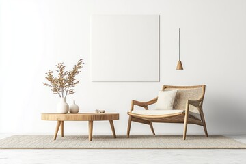 Fototapeta premium Cozy Wooden Armchair and Coffee Table in Home Interior with Lamps over White Wall - 3D Rendering