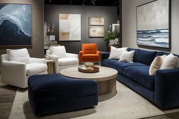 Modern living room interior design with navy blue sofa, white armchairs, orange accent chair, artwork, and wooden coffee table.