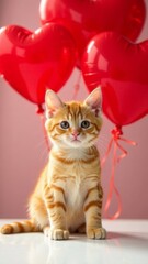  one kitten sitting on white table with many red heart-shaped balloons in the background concept of love, Valentine's Day, pet care