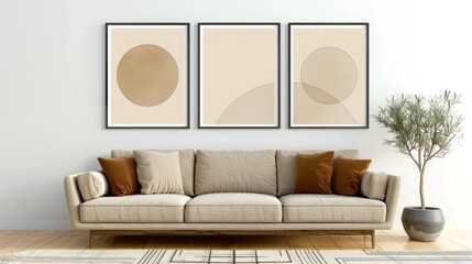 Mid Century Living Room with Beige Sofa and Mock Up Poster Frames on White Wall