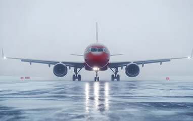 Naklejka premium A red airplane on a runway in foggy weather, emphasizing transport and travel.