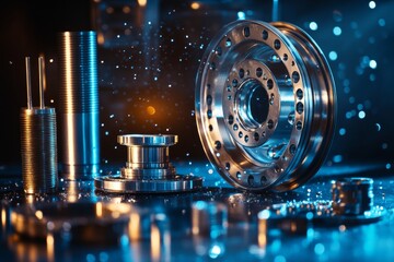 Vibrant automotive parts display  wheel hub and needle sleeves on dark blue wooden table