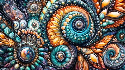 Abstract swirling fractal art, vibrant teal orange jewel tones