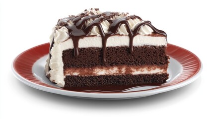 Delicious Chocolate Cake Slice with Cream and Drizzled Sauce