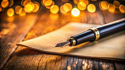 Silhouette Fountain Pen & Parchment: Elegant Stationery Photography, Ink Stained Paper, Wooden Desk Background