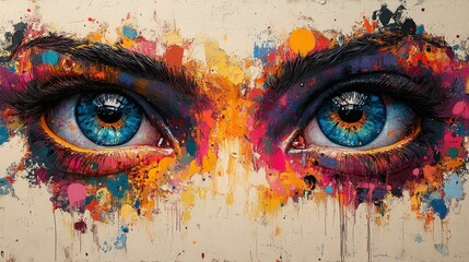 Abstract painting of vibrant eyes, colorful splashes.