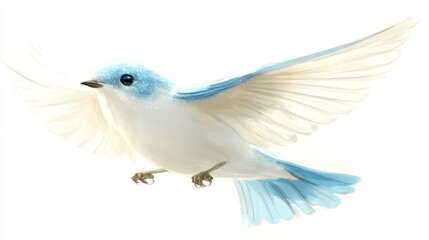 Obraz premium A small blue and white bird in flight, wings spread wide, against a white background.