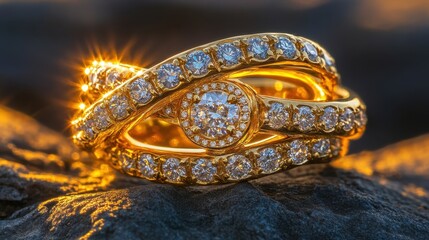 Fototapeta premium Sparkling Golden Engagement Rings with Diamonds on a Rock Surface