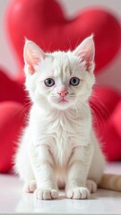 one kitten sitting on white table with many red heart-shaped balloons in the background concept of love, Valentine's Day, pet care