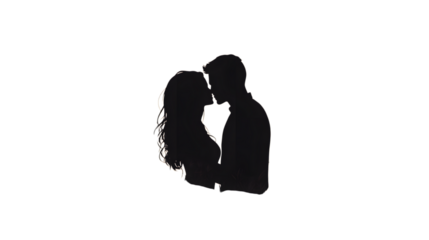 A romantic sunset silhouette of a couple kissing, isolated on transparent 
