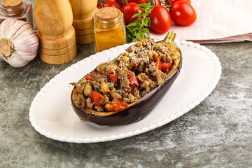 Baked eggplant stuffed meat and tomato