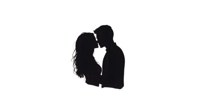 A romantic sunset silhouette of a couple kissing, isolated on transparent  - Powered by Adobe