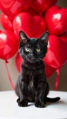  one kitten sitting on white table with many red heart-shaped balloons in the background concept of love, Valentine's Day, pet care
