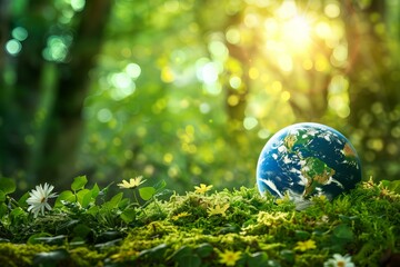 Small globe resting on moss and flowers in a forest clearing, symbolizing environmental conservation and earth day