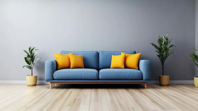 A blue couch with vibrant yellow pillows in a minimalistic room with a plain wall backdrop