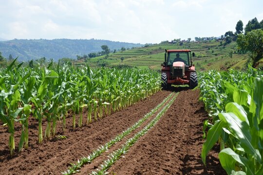 Farmer utilizing tractor mounted planter for efficient corn seed sowing with even spacing