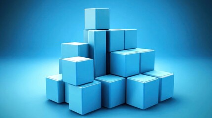 Obraz premium Abstract blue cubes stacked in a pyramid shape on a blue background.