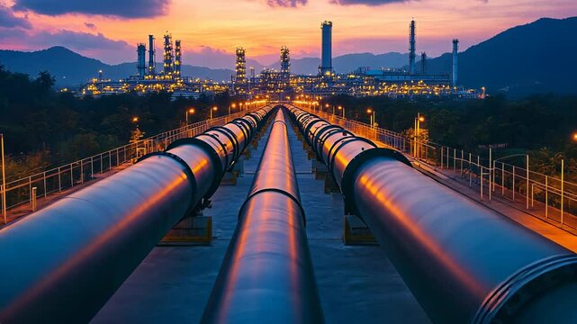 Industrial Oil Pipeline Against Scenic Sunset in a Refined Landscape