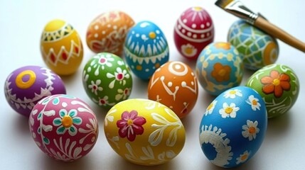 Colorful Hand-Painted Easter Eggs With Artistic Designs and Brush