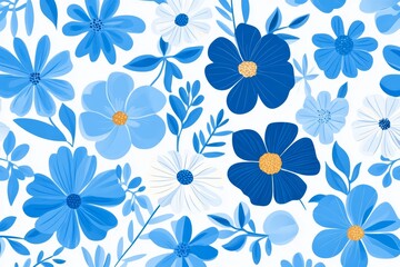 Fototapeta premium Elegant blue floral seamless pattern on white background for textile design and crafts