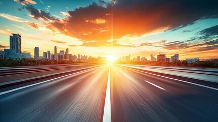 Obraz premium A scenic view of a road leading towards a vibrant sunset, with a city skyline in the background.