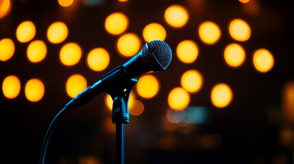 Obraz premium Microphone ready for performance at night event with warm bokeh lights. 